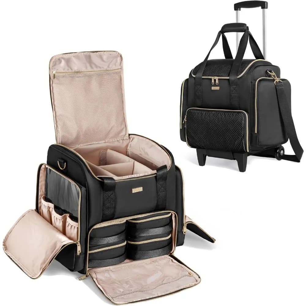 Professional makeup case with 4 removable bags, wheels and brush holder in black patented design
