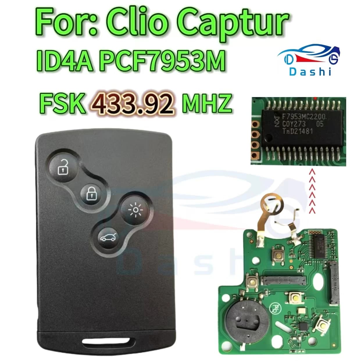 Da shi ID4A PCF7953 Chip 433 Mhz Keyless Chiave A Distanza Dell'automobile PCB Board Shell Per Renault Koleos Clio4 Captur Smart Card Con logo