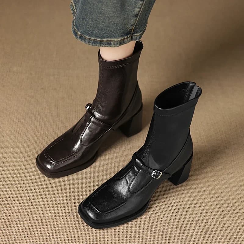 2026 autumn winter women ankle boots natural leather plus size 22-25cm split leather+stretch microfiber square toe skinny boots