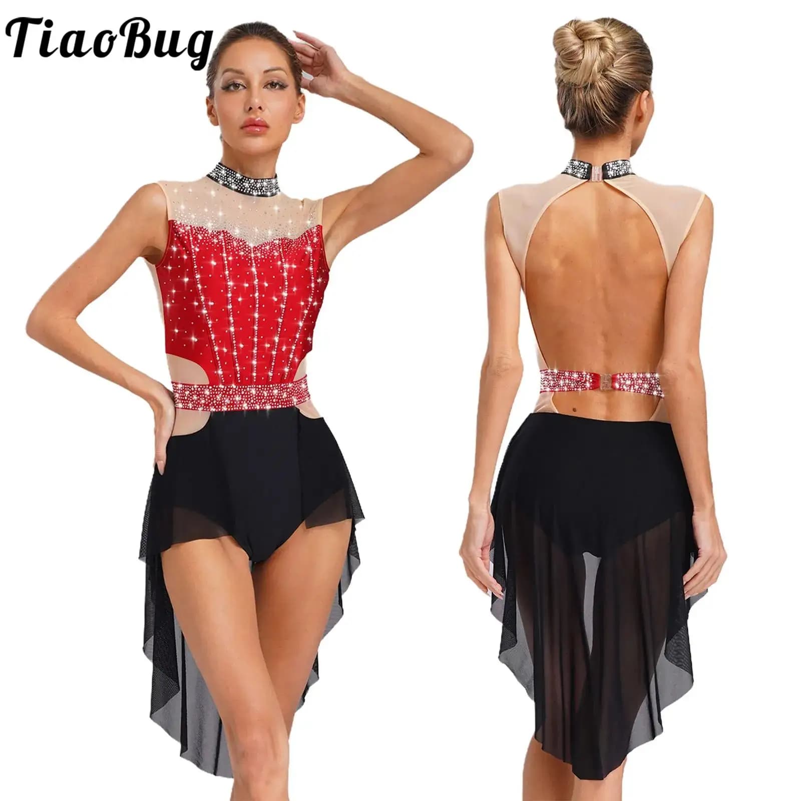 Abito da ballo lirico per pattinaggio di figura da donna Abbigliamento da ballo moderno senza maniche Body con gonna patchwork in rete con strass lucidi senza schienale