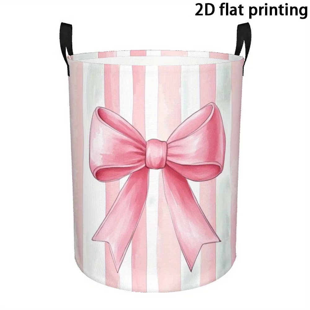 Pink Stripe Bow Print Laundry Basket Cute Coquette Style Foldable Storage Bin Waterproof Organizer for Clothes Toys Nursery Room