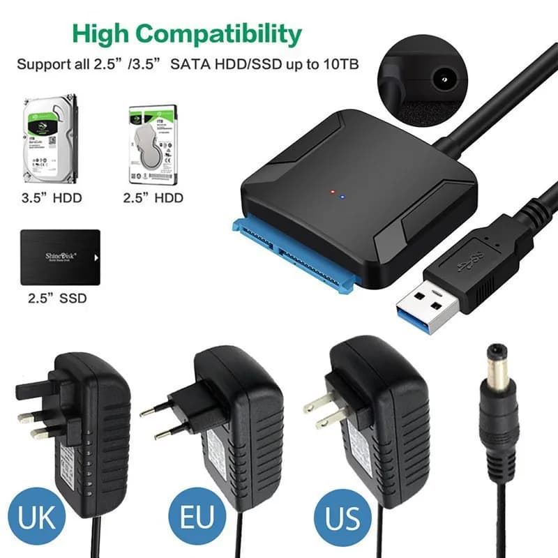 Adattatore da SATA a USB 3.0, cavo convertitore per disco rigido esterno per HDD da 2,5" 3,5", SSD con alimentatore