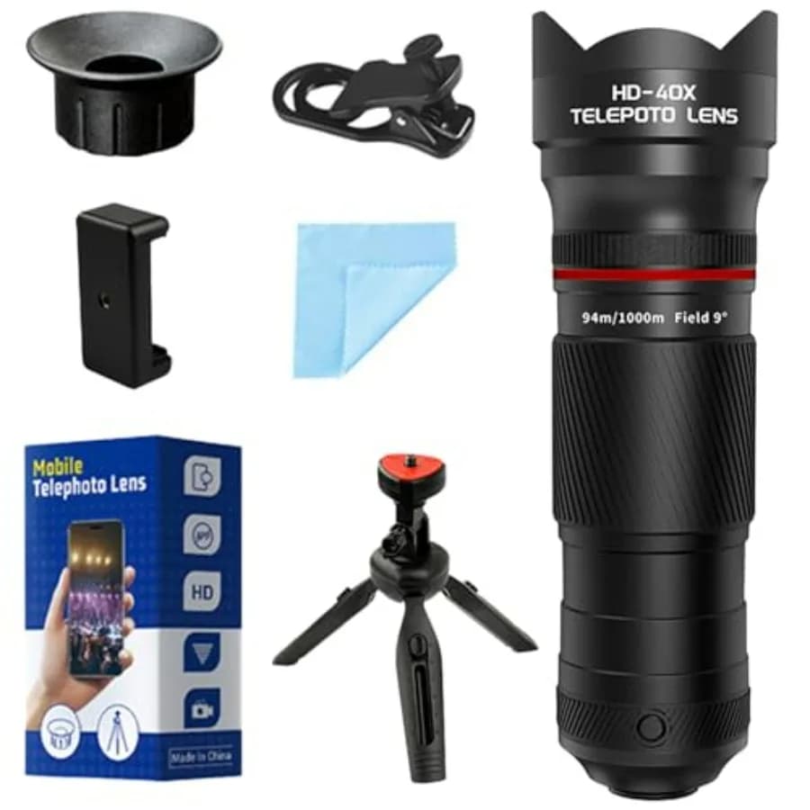 40X camera lens with Tripod for iPhone and Android Phones, 2-in-1 Smartphone Camera Lenti Kit with Universal Clip, HD Magnition Lenten