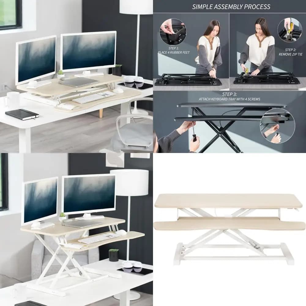 Convertitore per Scrivania Regolabile in Altezza 36, Supporto per Doppio Monitor e Laptop con Ampio Vassoio per Tastiera, Venatura Legno Chiaro, Bianco