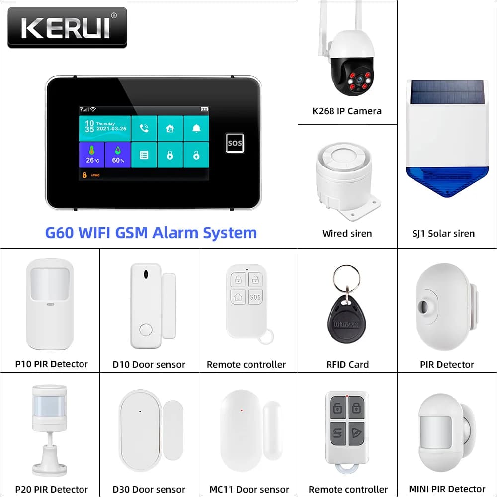 KERUI Tuya Pannello di allarme Fai da te Il tuo kit di allarme Sistema di allarme di sicurezza domestica WIFI GSM Sensori di movimento di temperatura e umidità Modello G60B