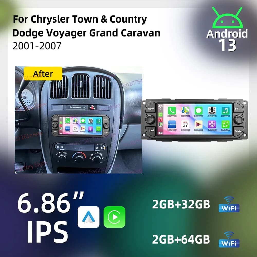 Android 13 1 Din Radio Car Multimedia for Chrysler Town & Country Dodge Voyager Grand Caravan 2001-2007 6.86" Carplay Stereo GPS