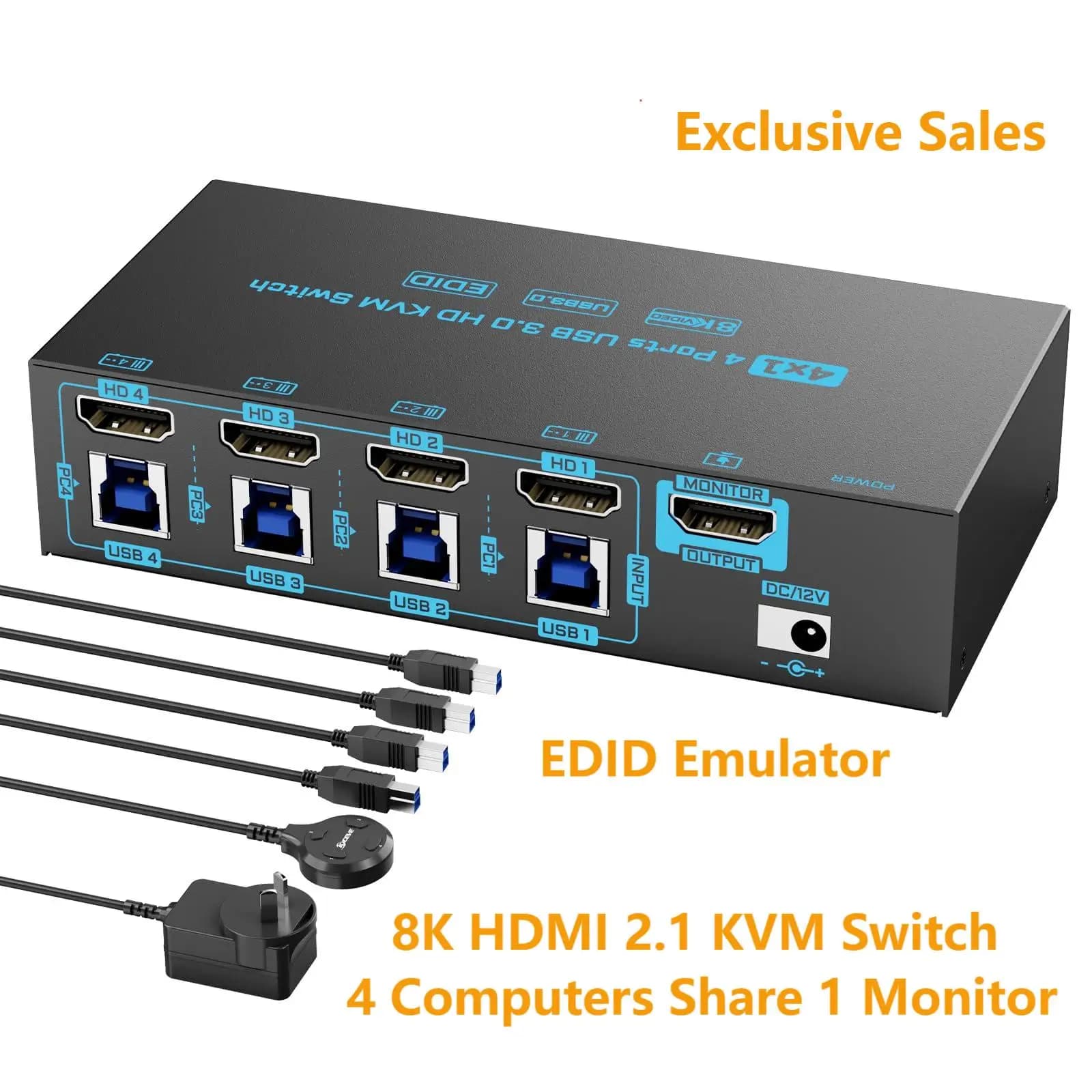 Switch KVM HDMI 2.1 8K 4 ports USB3.0 8K@60Hz/4K@144Hz Switch KVM 4 in 1 output EDID emulator for 4 PCs Share 1 monitor 4 USB devices