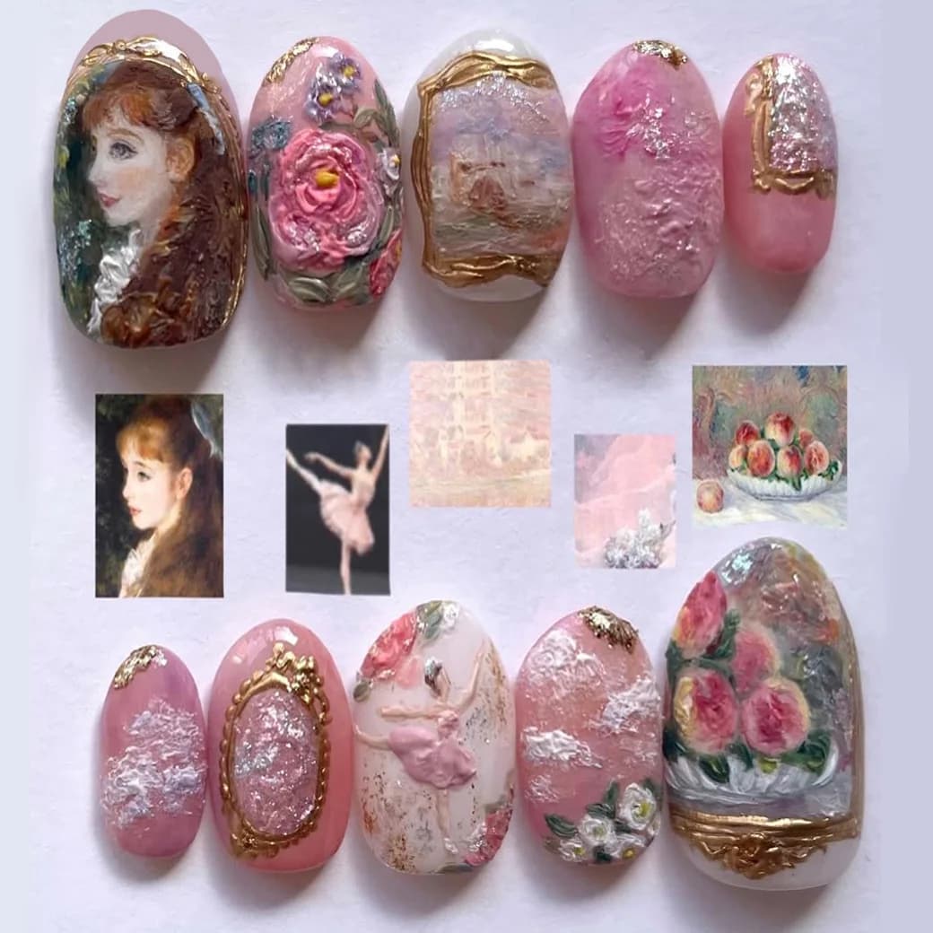 24pcs European Oil Painting Series False Nails Sweet Pink Almond Rose Flower Designs Press On Nails DIY Charming Fake Nail Tips