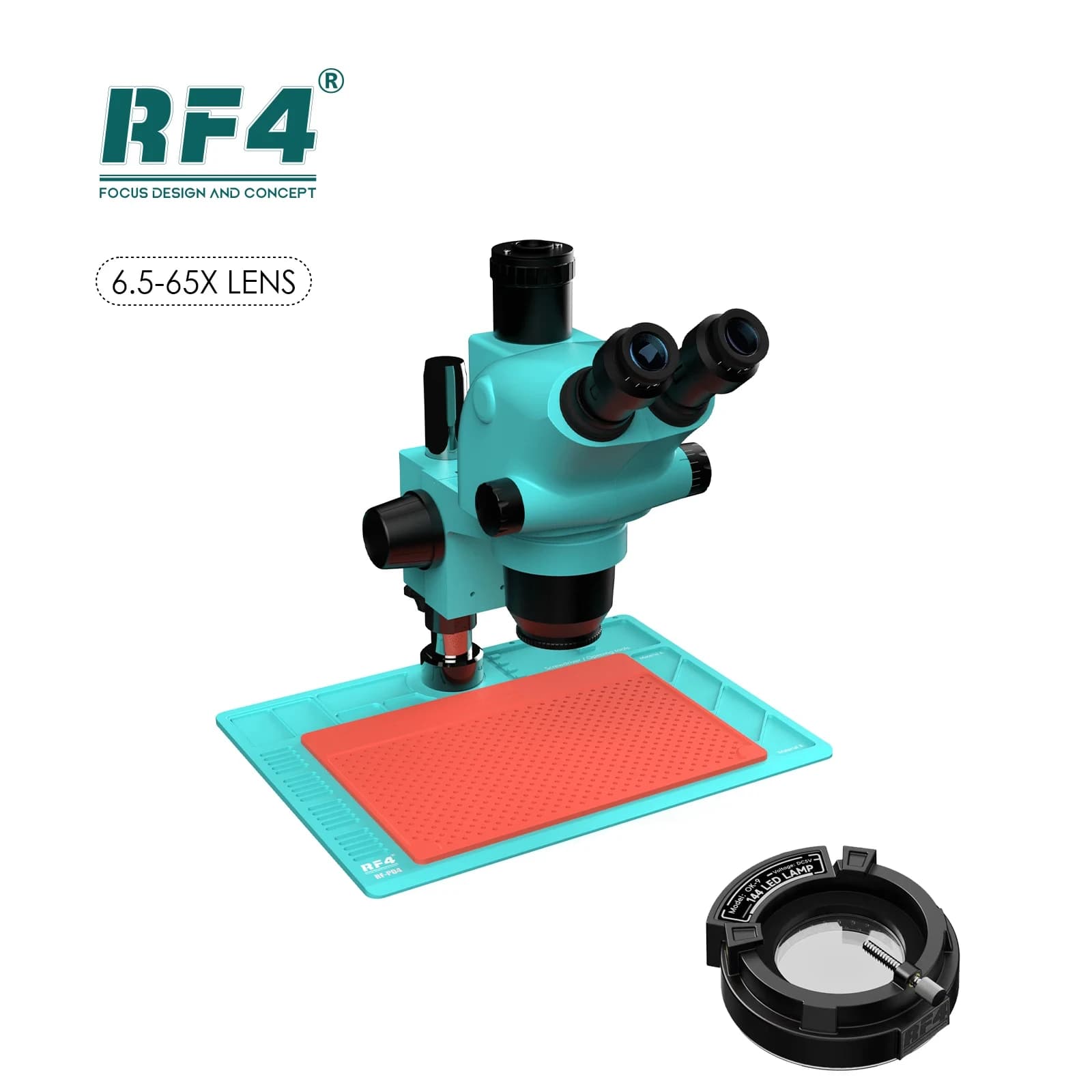 Microscopio Trioculare RF4 6.5X-65X con Zoom Sincronizzato, Telaio Resistente alle Alte Temperature, 144 LED, Ingrandimento Stereo RF6565TV-PO4