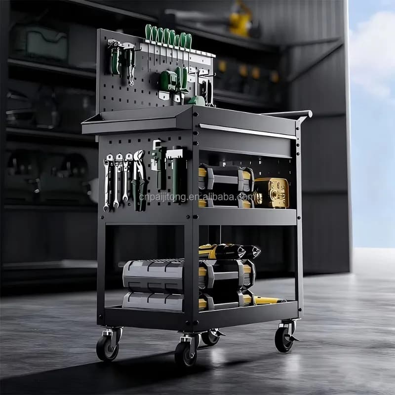 Carrello a 3 livelli nero 2026 con ruote per garage, officina e armadietto, con pannello appendibile