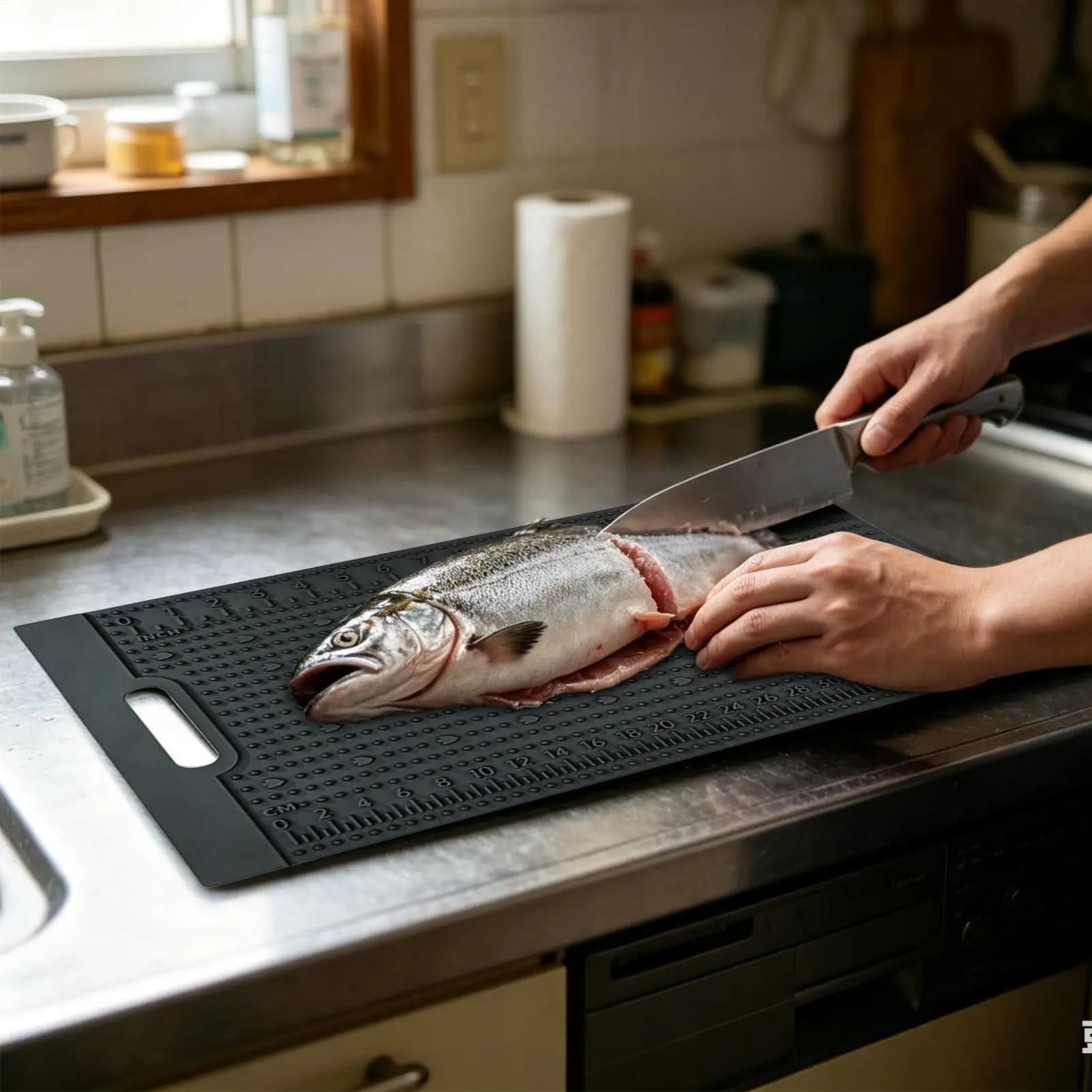 Tappetino Antiscivolo in PVC per Filettatura Pesce con Scala Graduata, Pad per Filettare Pesce per Pescatori, Tagliere per Pesce Facile da Pulire