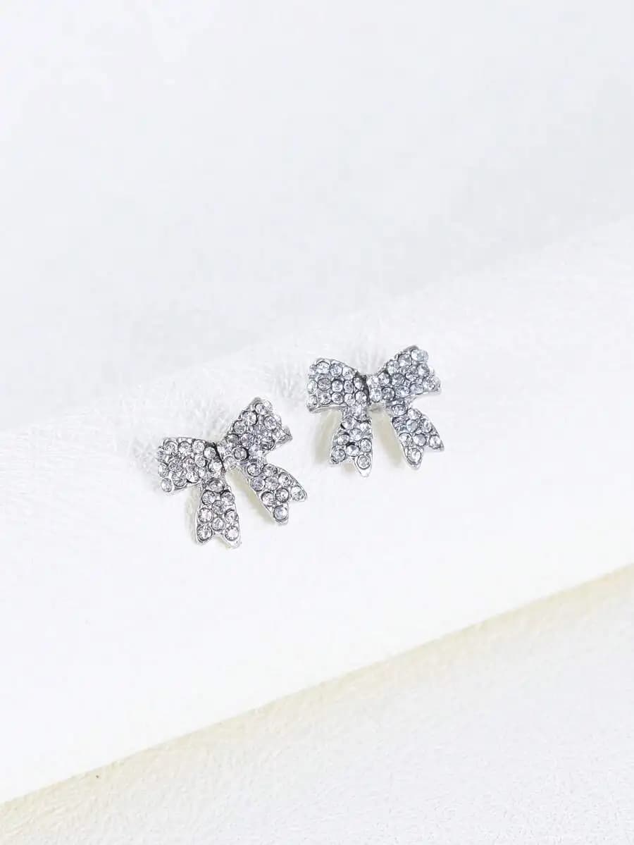 Rhinestone Bow Stud Earrings For Women Romantic Gift