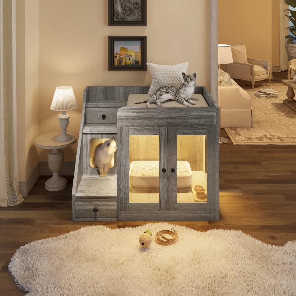 Cat Litter Box Enclosure with Light , Hidden Litter Box Furniture with 2 Storage Drawers, Indoor Cat House Side