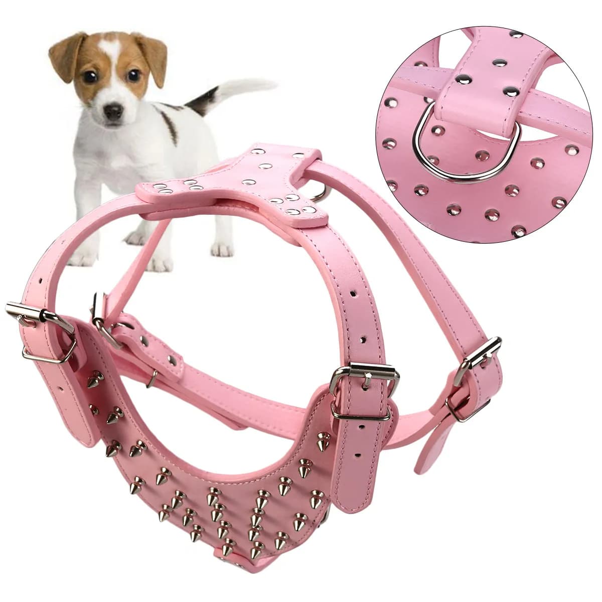 PU Pink Spike Studded Dog Harness for Pitbull Terrier Chest 65-85Cm Neck 42-65Cm Flexible Easy Apply Running Harness