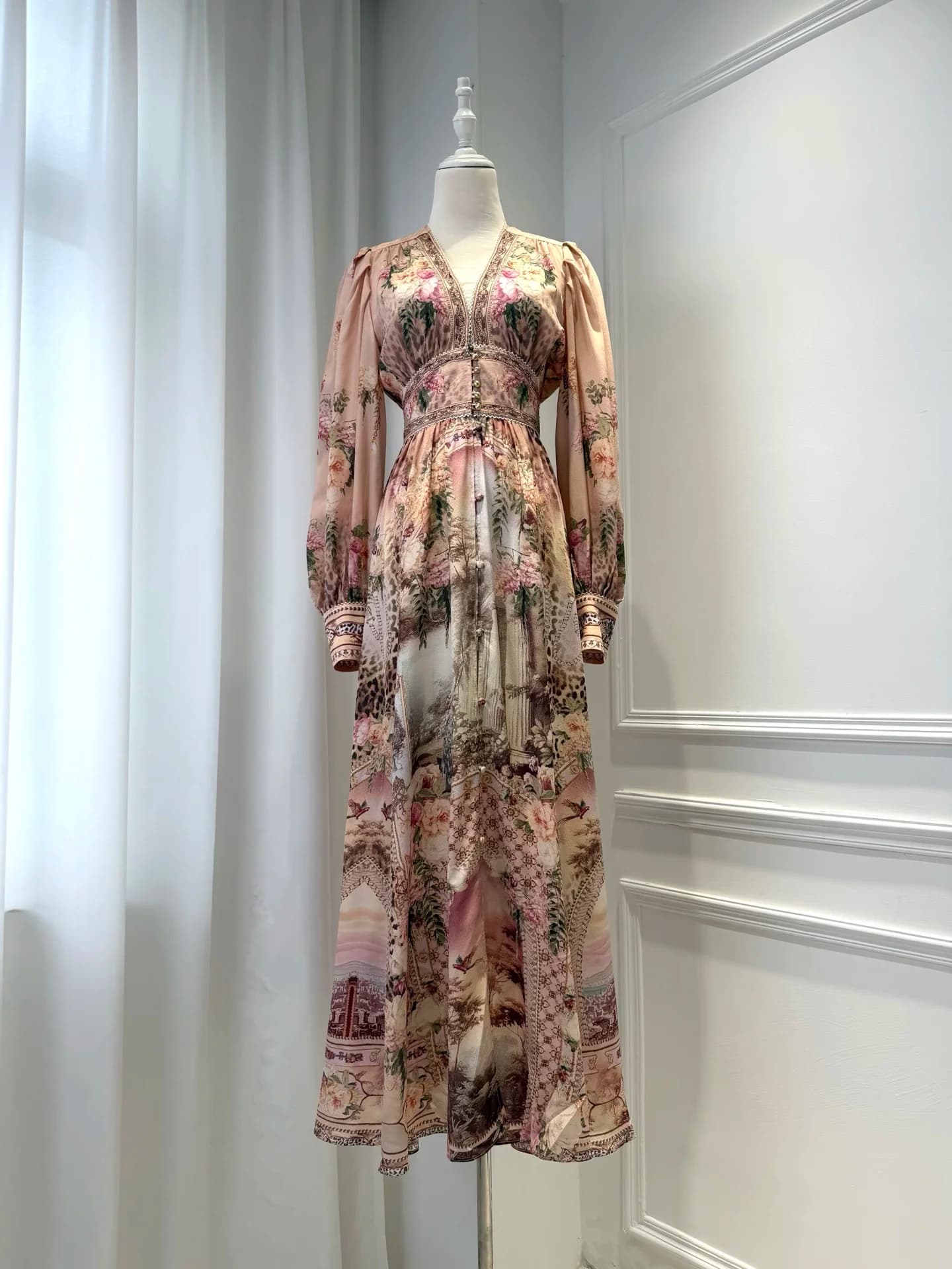 Ladies 100% Silk Retro Maxi Dress Crystal Beaded V-Neck Elastic Waist Lantern Sleeve Floral Printed Elegant Female Robe