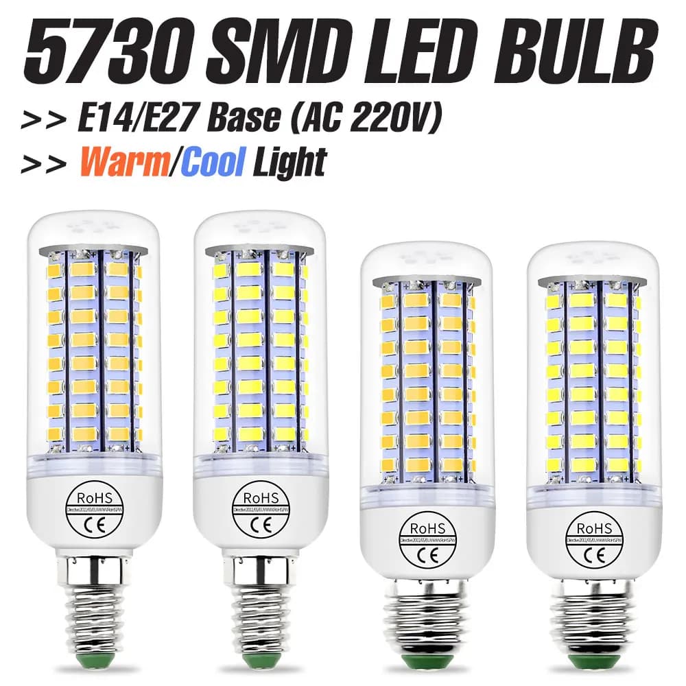 E27 LED Lampada a mais 5730 SMD E14 Lampadina AC 220V Lampadario 24/48/56/72LED 3000K/6500K Per la casa Camera da letto Illuminazione da comodino E26