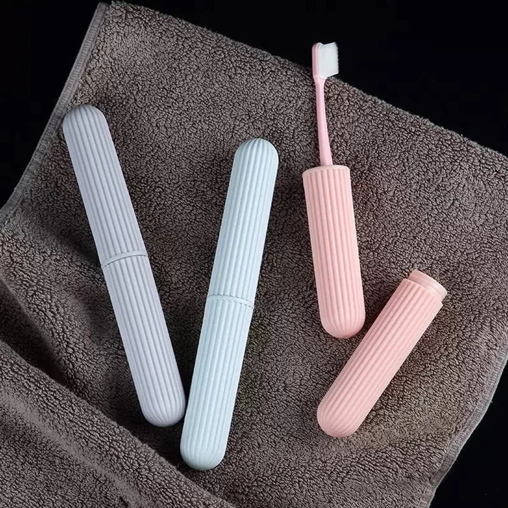 Custodia portatile per spazzolino da viaggio - Supporto compatto in plastica con strisce semplici per l'uso quotidiano in campeggio in bagno