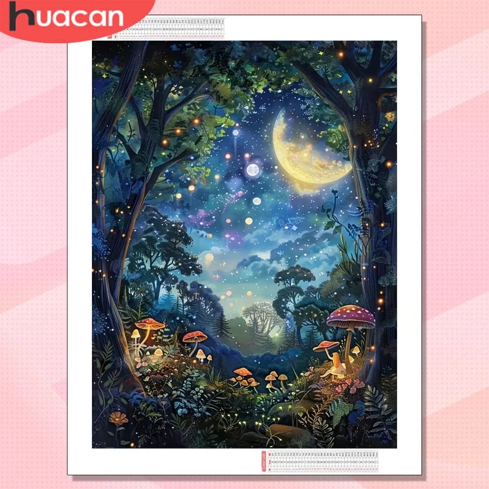 HUACAN Diamond Painting Paesaggio con Funghi Resina Quadrata Rotonda Mosaico 5D Notte nella Foresta Fai da Te Strass Artigianato per Adulti
