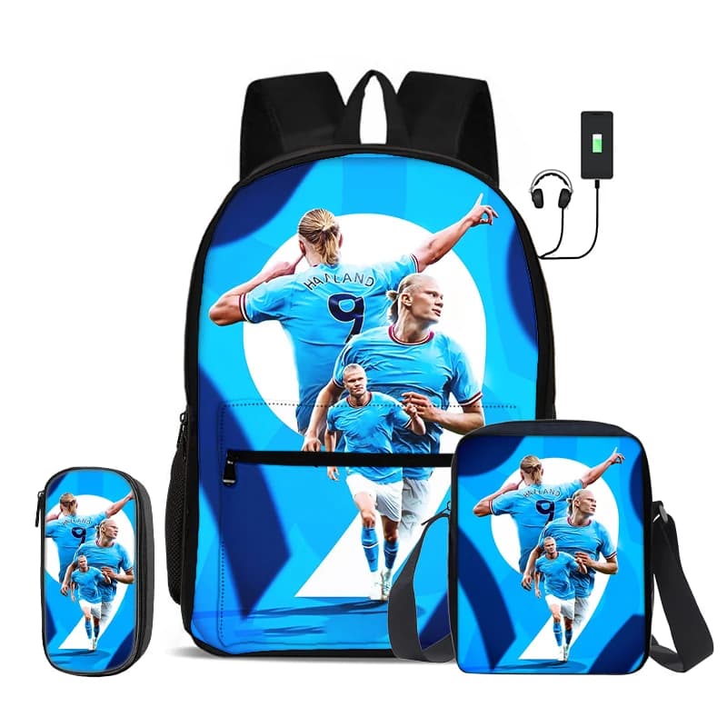 Haaland 3 Pcs Set Child School Backpack with Shoulder Bag Pencil Bag Backpack with USB interface Knapsack Kids Rucksack