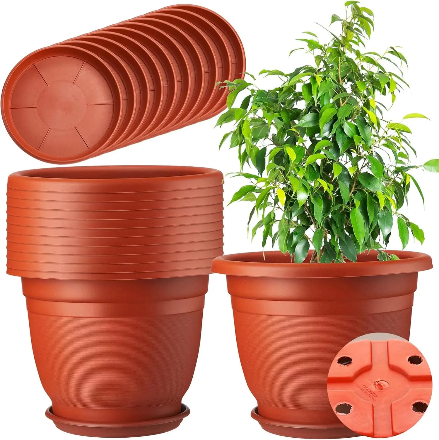 12-Pack 12-Inch Round Plastic Plant Pots with Saucer Trays - Seedling Pots with Drainage Holes, Seed Resin Planters for Starting Nursery Flowers, with Pallet, for Indoor/Outdoor Garden (Brown)