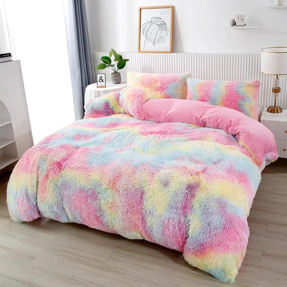 Set of Linens in Finta Pink Fur, 3 Pieces, Rainbow Effect, Soft and Soft, Tie-Dye Style