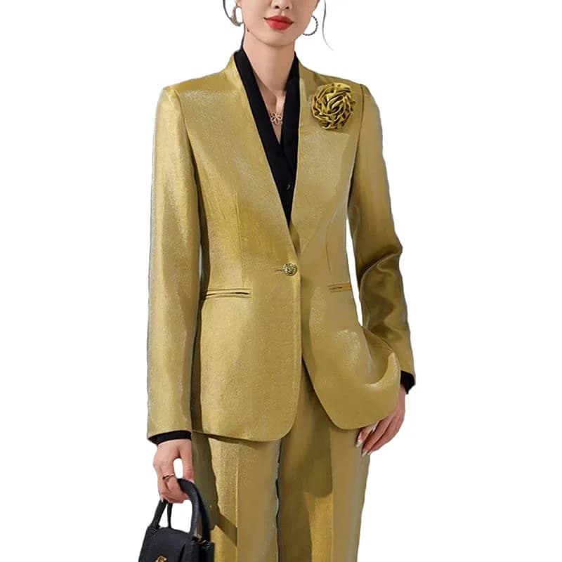 Women Blazer Pants Sets Gold Appliques Two Pieces 2024 Autumn Work wear Trousers Formal Solid Color Long Sleeve Tops Pantsuit