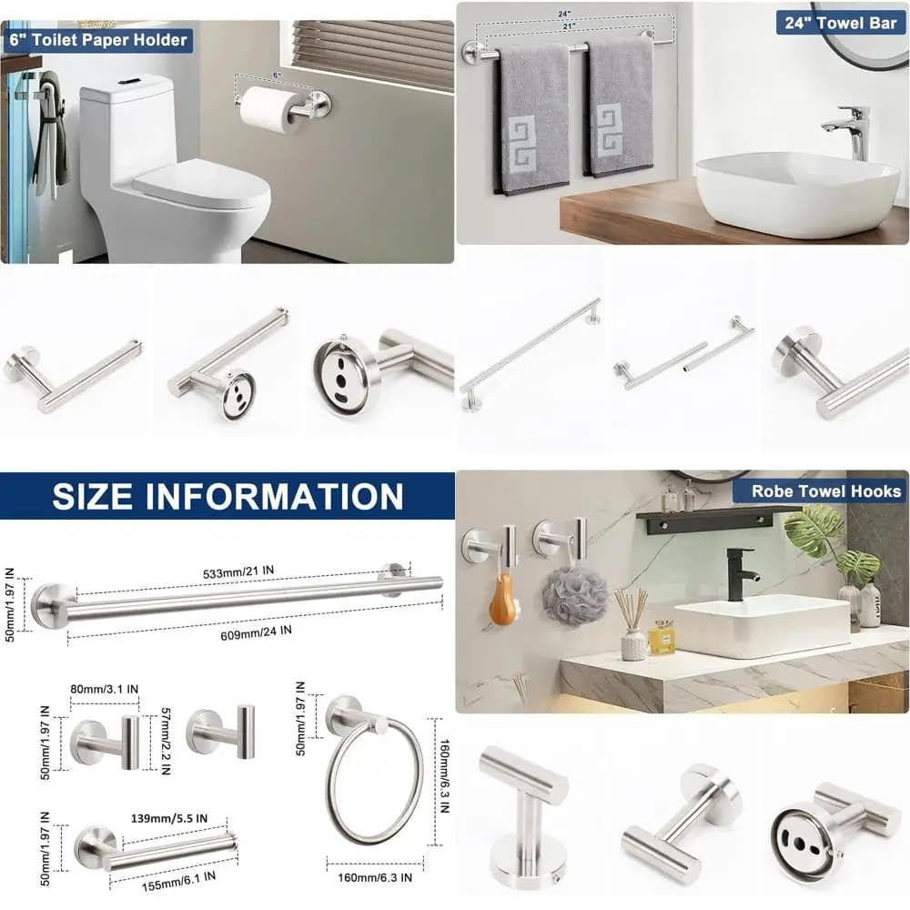 Set di 24 Accessori per Asciugamani in Acciaio Inox con Anello, Porta Asciugamani e Ganci - Accessori Bagno Moderni in Nichel