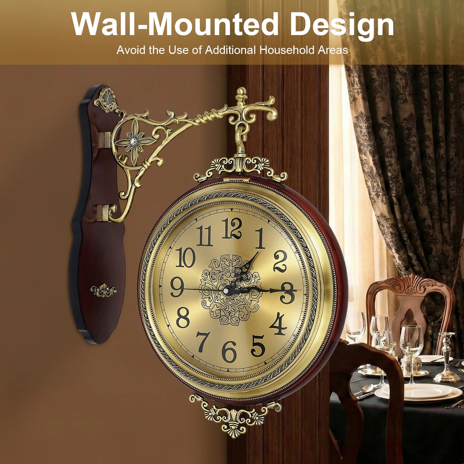 Vintage Double Face Round Wall Clock, Silent Movement, Wood and Alloy with Golden Brown Glass, Interior Wall Mount, Required Assembly