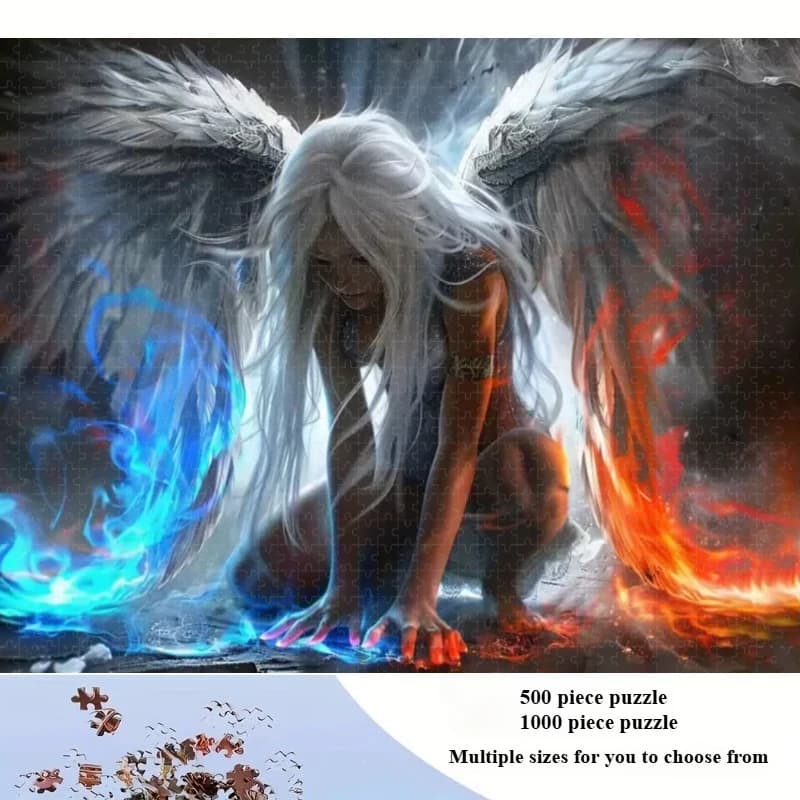 1000 PCS Puzzles for Adults White Winged Angel and Blue Red Flame Jigsaw Puzzles Educational Games Colorful Puzzles Home Decor