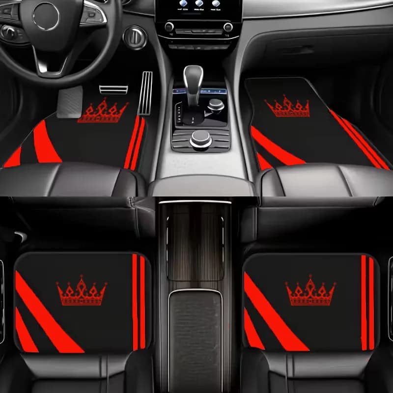 4pcs Set Pink/Red/Blue Crown Printed Car Floor Mats | Durable Polyester Interior Accessories, Universal Fit For Trucks, SUVs, Se