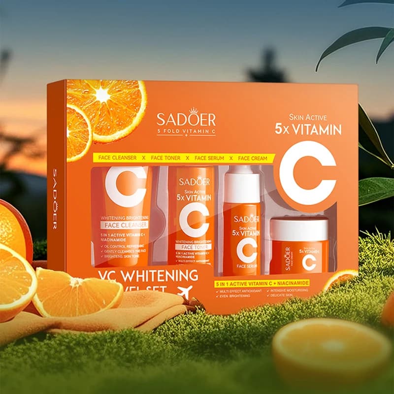 SADOER Travel Set for Skin Care with 5X Vitamin C - Detergent, Tonic, Serum, Cream | Mini Kit for the Care of the Bright and Hydrating Face