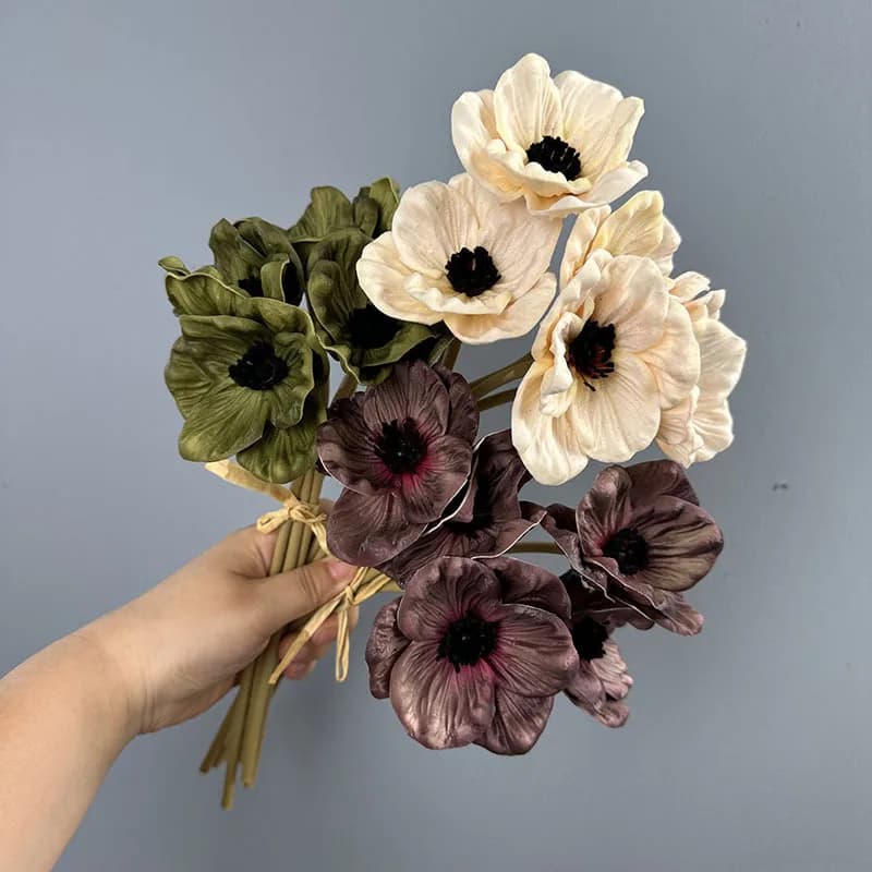 5pcs Artificial Poppy Bouquet PU Fake Flowers Room Decorative Simulation Poppies Plant Floral Champagne Flower Hall Decoration