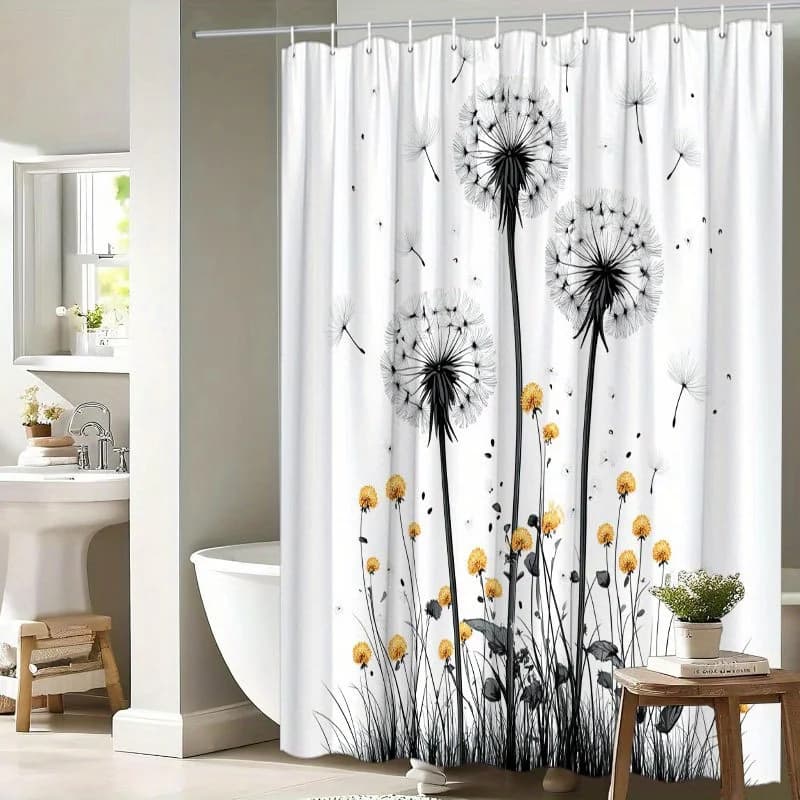 Shower curtain with dandelion - Black and white seeds with bright yellow flowers, Minimalist Realism, 70,8x70,8 inch