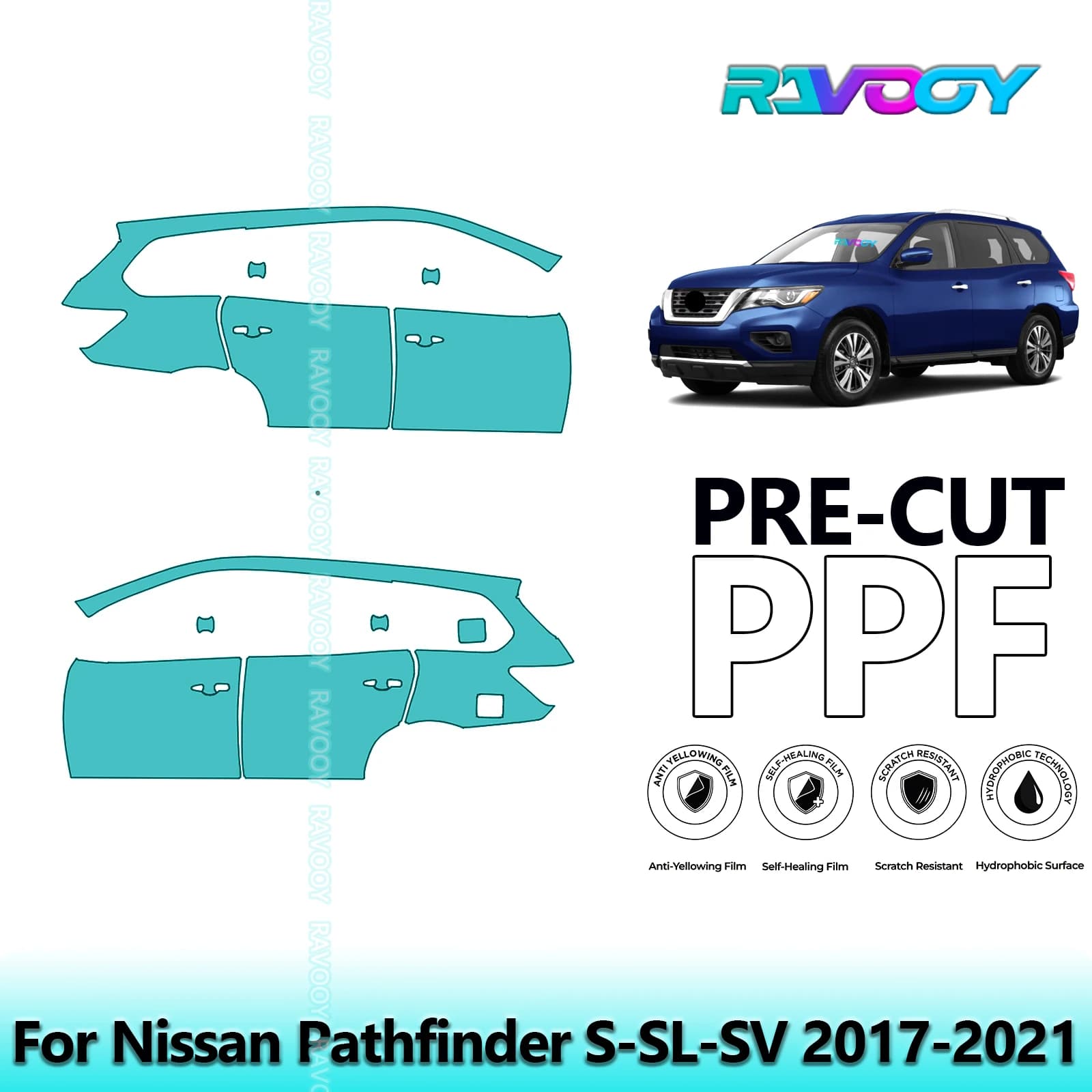 For Nissan Pathfinder S-SL-SV 2017-2021 8.5mil Transparent Pre-Cut PPF Door and Pillar A/B Kit TPU Paint Protection Film Set