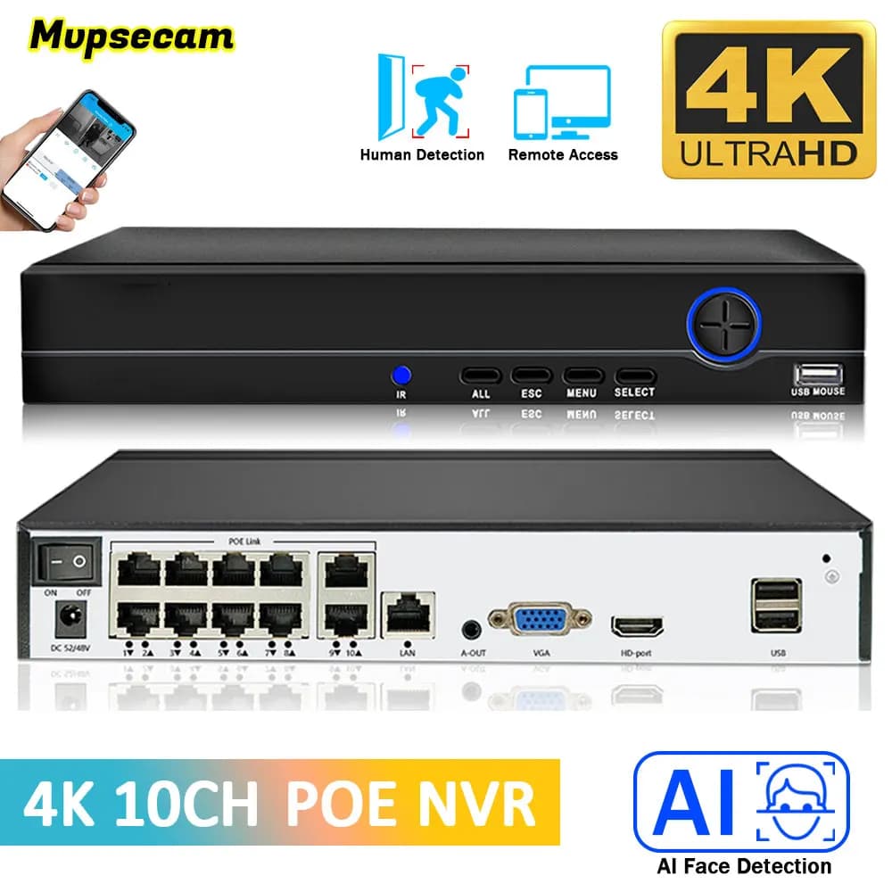 4K 10Ch Poe Nvr 8Mp Sistema di sicurezza CCTV Face Detection H.265+ Sorveglianza di rete Registratore audio video Accesso remoto Xmeye