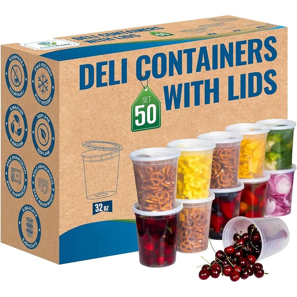 Contenitori Ermetici in Plastica, Confezione da 50, Combo Pack Slime 32oz - Riutilizzabili, per Conservazione, Monouso, Preparazione Pasti, Zuppe, Microonde e Congelatore