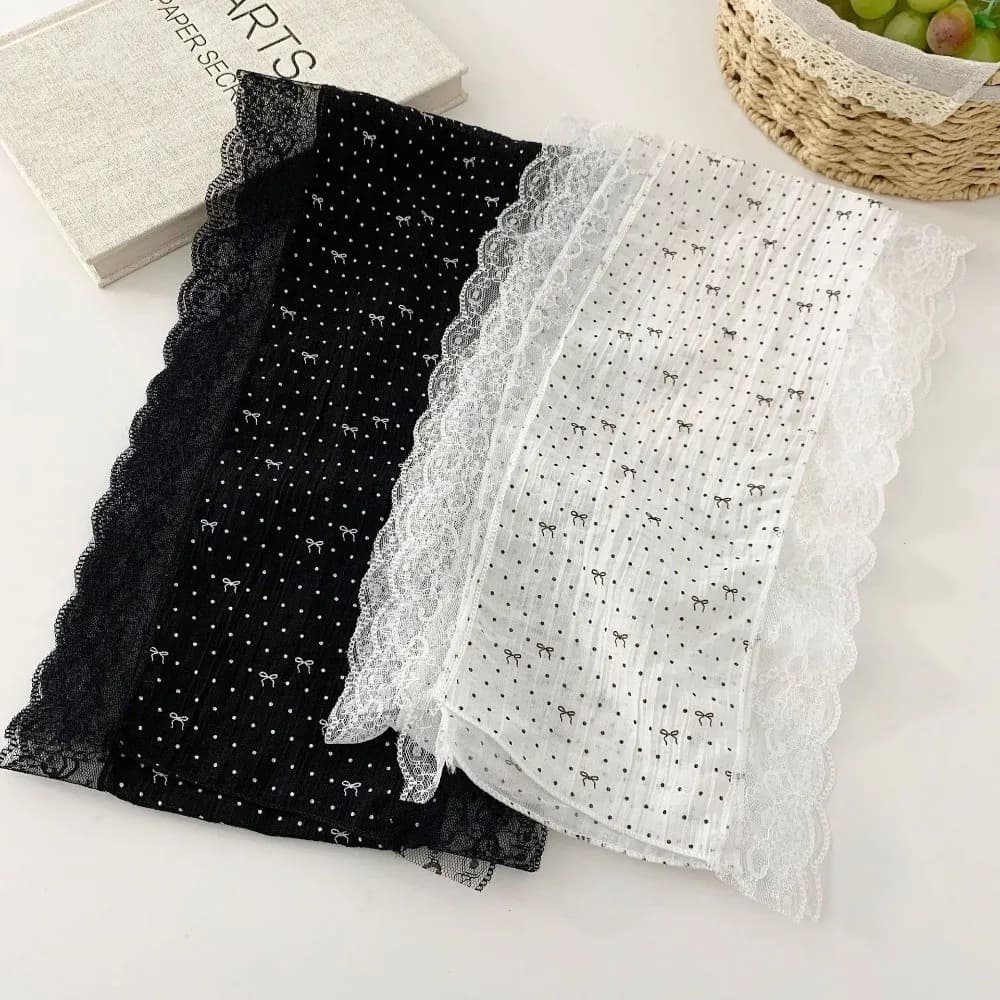 Nuovo Foulard in Seta con Fiocco a Farfalla, Fantasia a Pois, Leggero, con Bordo in Pizzo, per Donna