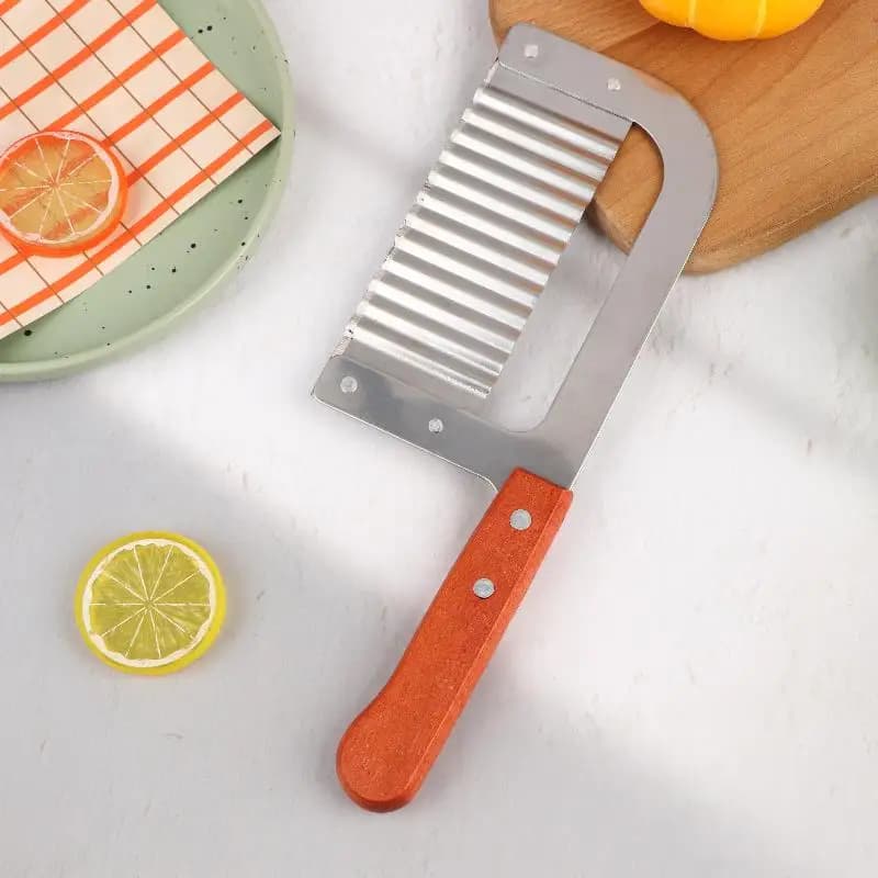 Wood Handle Stainless Steel Crinkle Cut Knife Wavy Potato Chip Cutter Vegetable Slicer For Home Kitchen Cooking Supplies