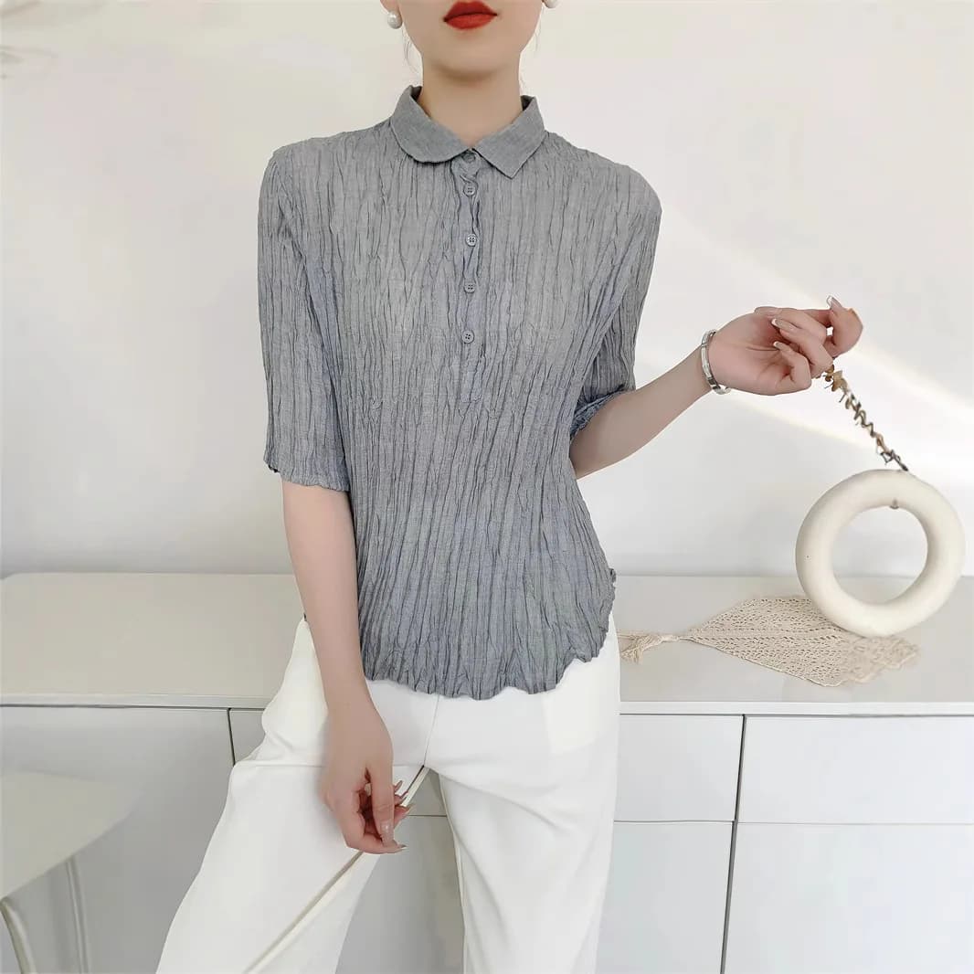 Miyake fatto a mano disordinato pieghettato cento camicia da donna a maniche medie temperamento sottile camicia solida sottile design 2025 estate nuova