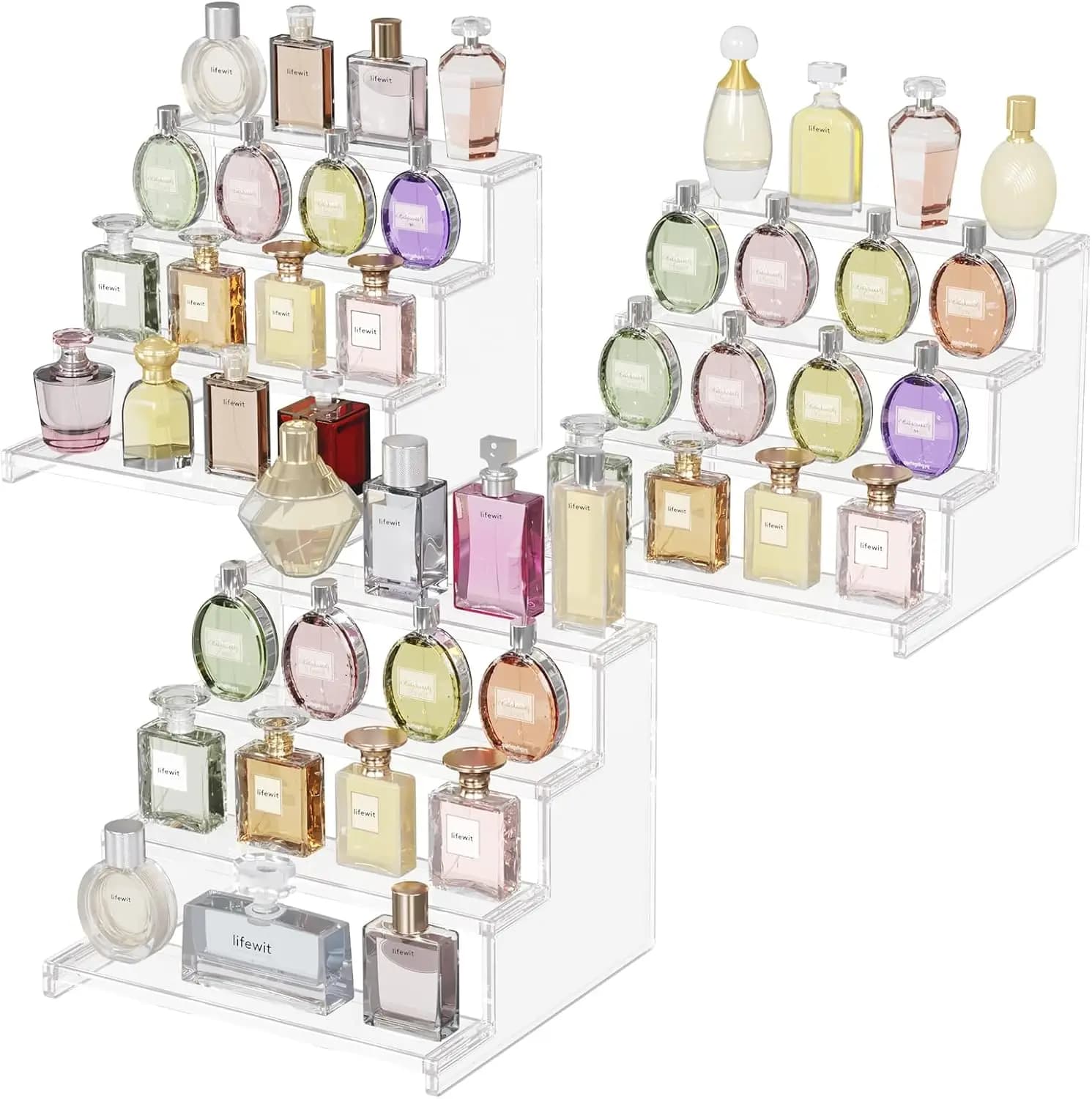 Rialzo per display in plastica trasparente a 4 livelli, assemblaggio senza attrezzi per riporre profumi e cosmetici, dimensioni da 12 pollici, set da 3 pezzi