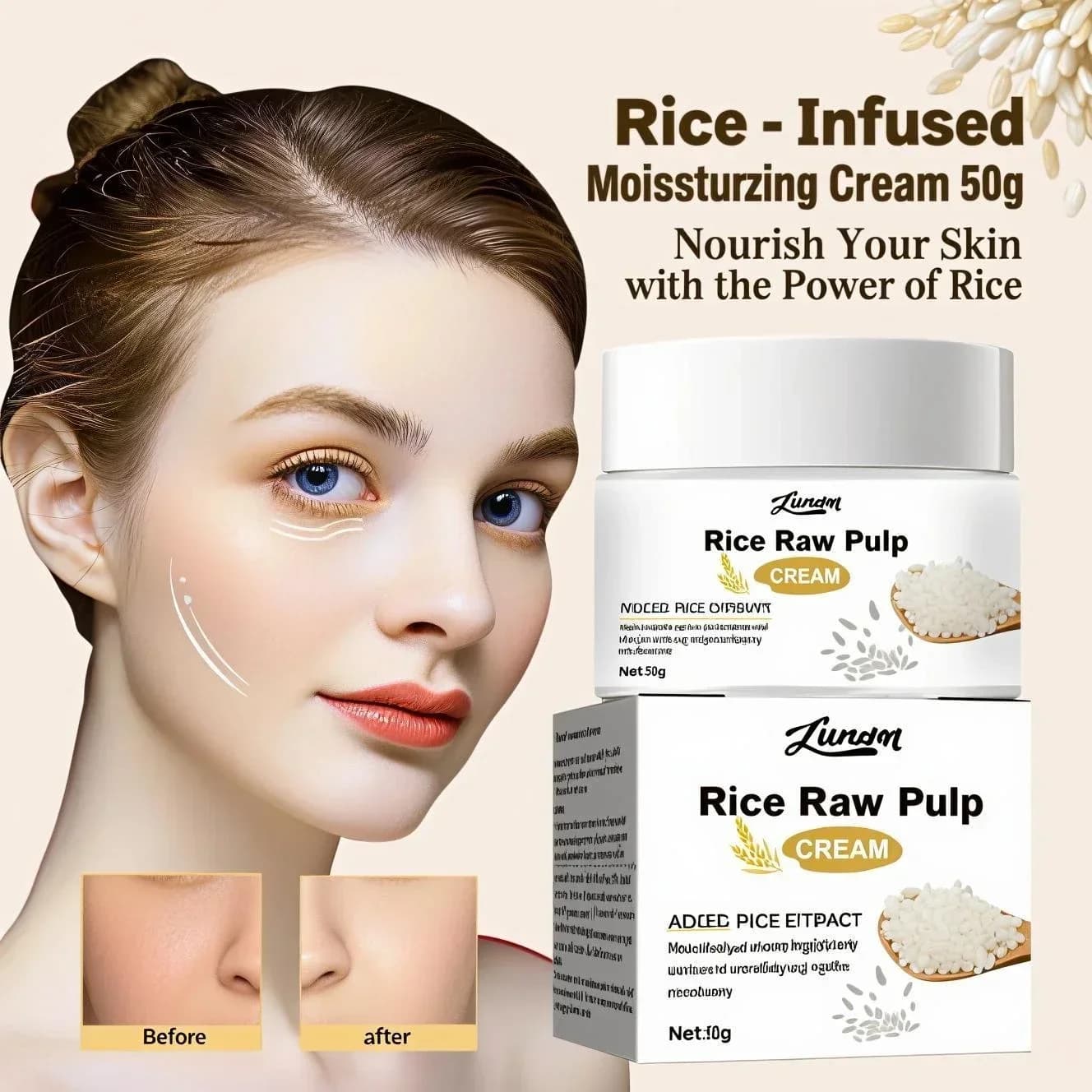 Crema idratante al latte di riso coreano 50g - Crema idratante con estratto di riso e acido ialuronico per idratare la pelle e supportare il tono uniforme.