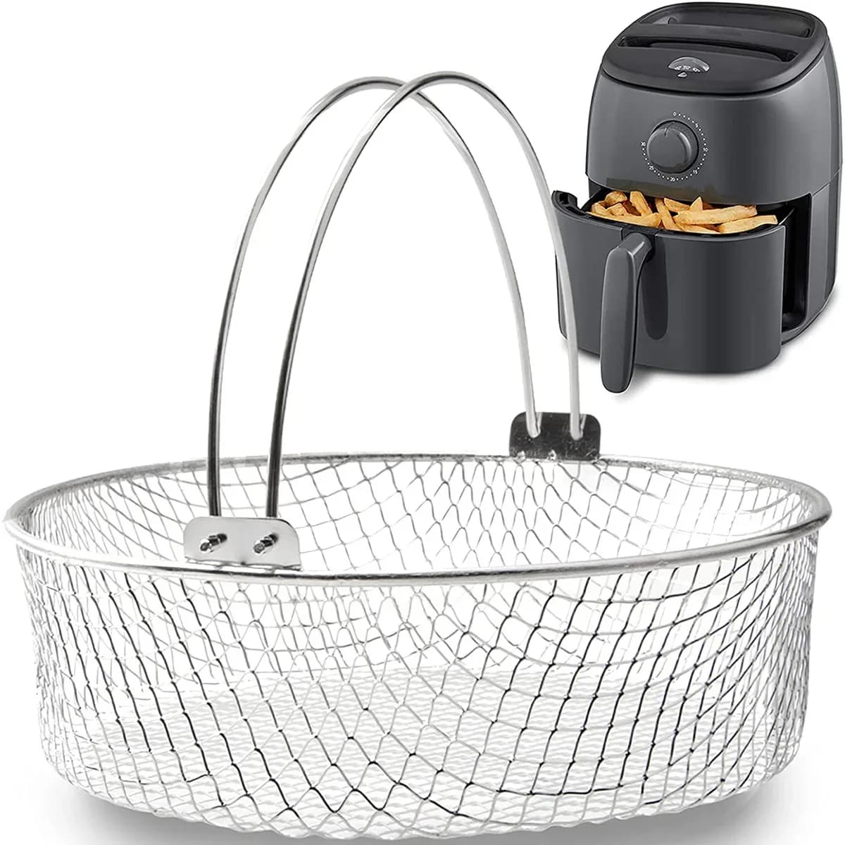 Cestello a rete da 21 cm per friggitrice ad aria, in acciaio inossidabile 304, cestello per cottura a vapore, cestello in metallo per friggitrice ad aria, accessorio per friggitrice ad aria per la casa