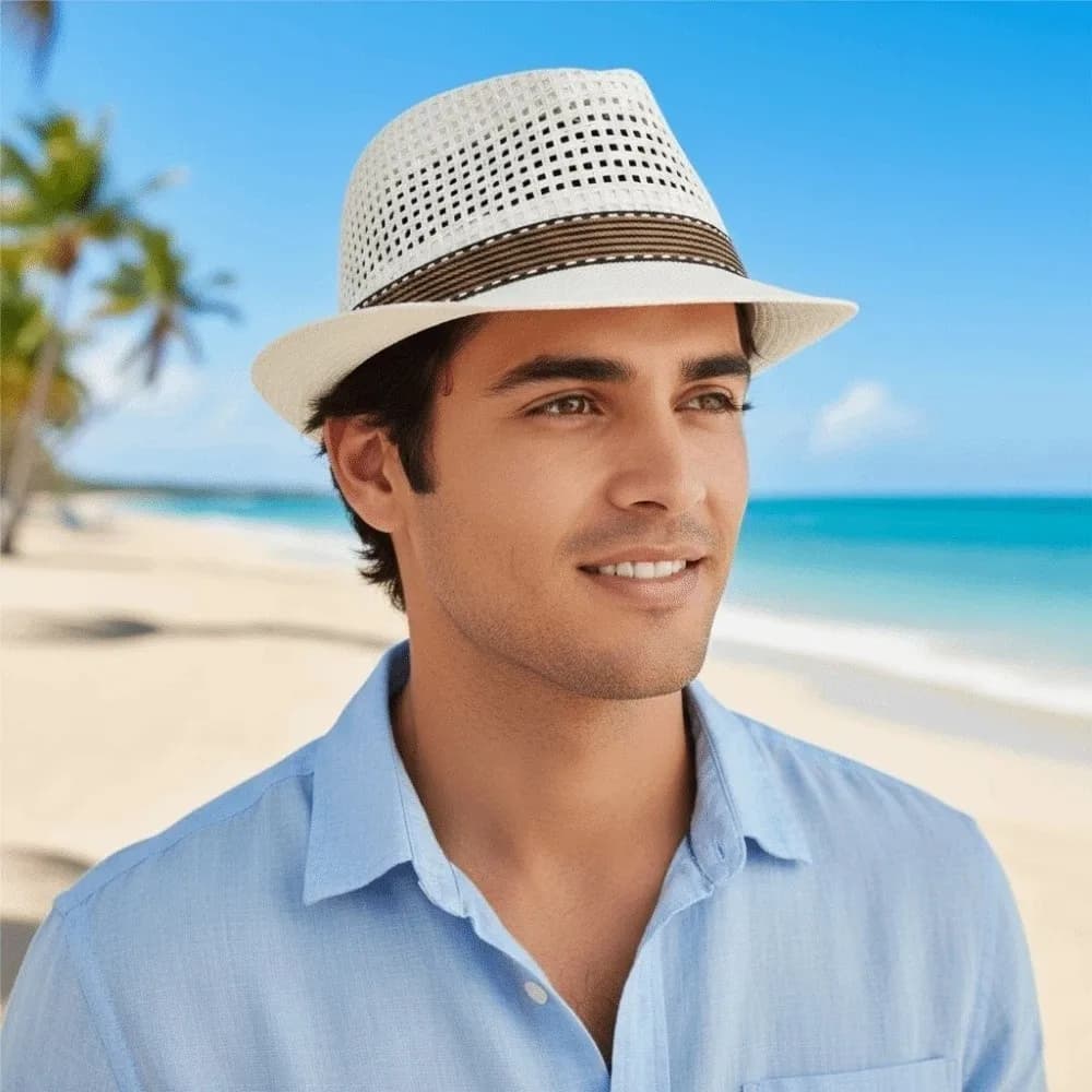Cappello da Sole Uomo con Tesa Corta, Stile Panama, Leggero e Traspirante in Paglia Intrecciata, Protezione Solare, per Vacanze, Spiaggia e Uso Quotidiano