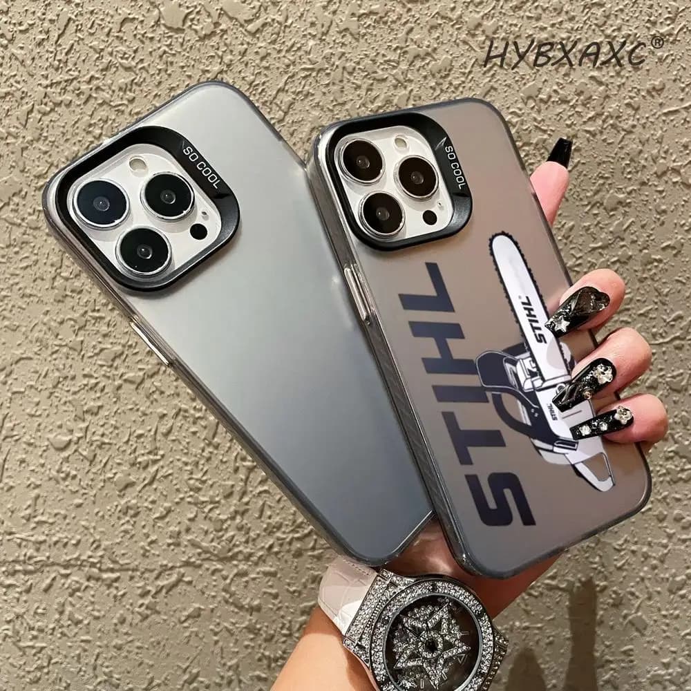 Custodia per telefono HD XAXC S-STIHLs Chainsaw Logo per iPhone 16 15 14 13 12 11 Pro Max Nera Opaca Multicolore Materiali di Tendenza