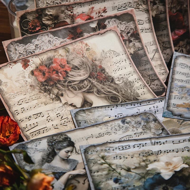 Carta artigianale a tema floreale e musica retrò da 30 fogli, disegni di note e fiori vintage, materiale spesso per diario fai da te e decorazioni per album