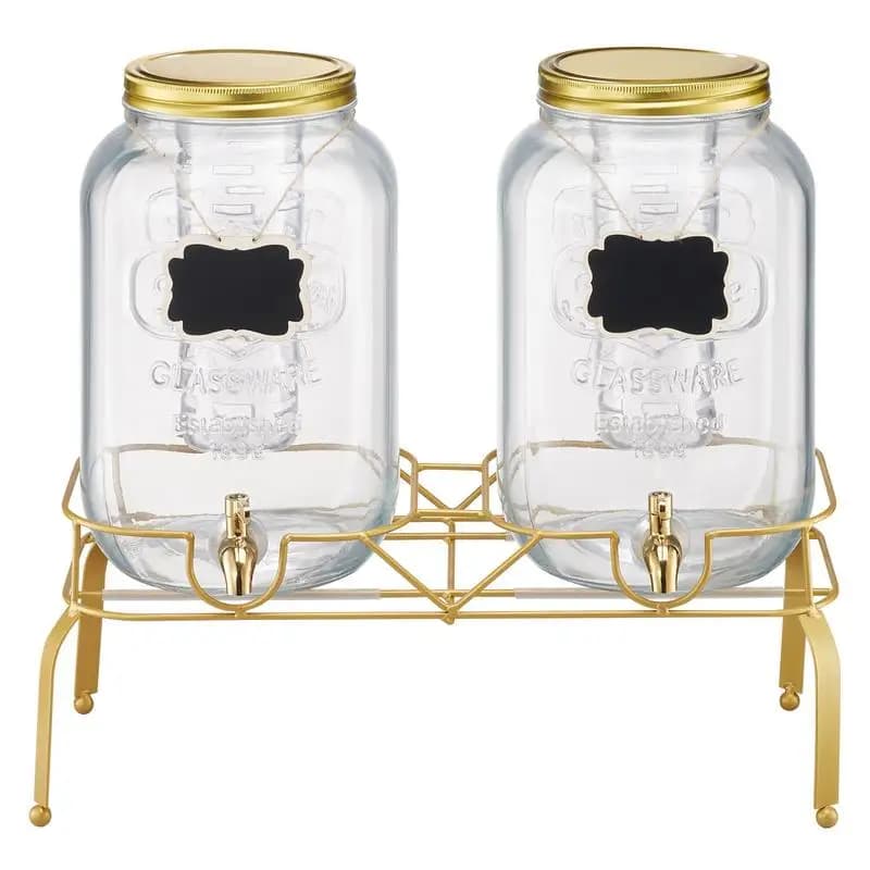 Glass Liquid Container 2 Gallon 2 Pack For Parties Weddings Picnics, Metal Base Infusion Cylinder Juice Decanter Iced Tea Pitcher With Tap