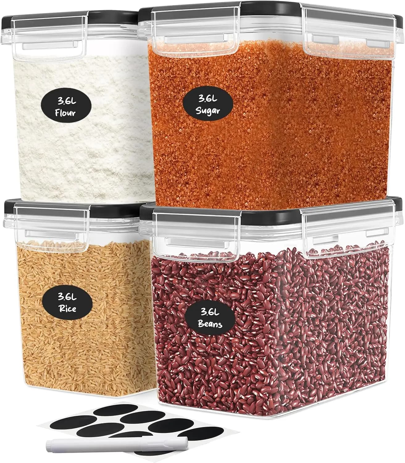 Set of 4 Containers for Flour and Sugar; 3.6L Plastic Airtight Containers with Kitchen Dispense Organization Covers