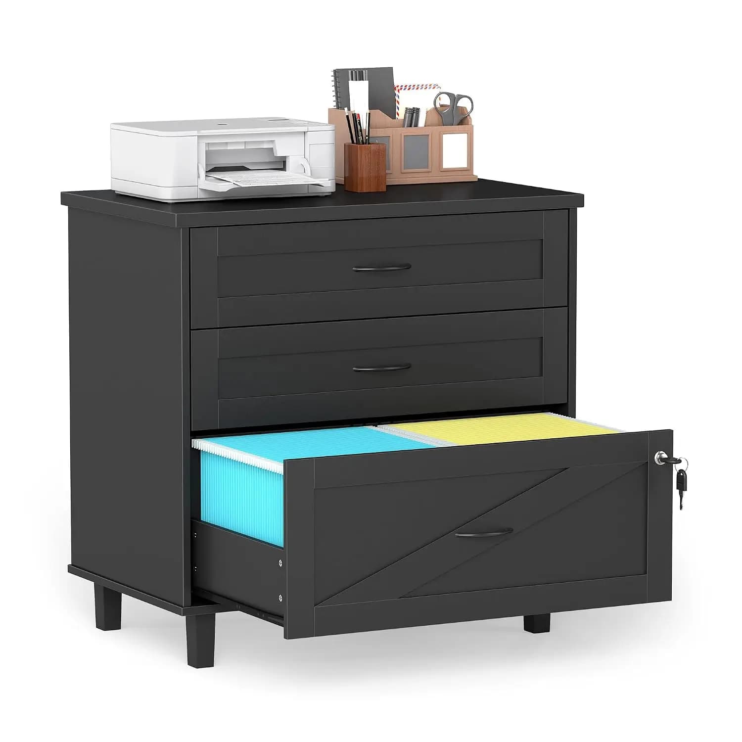 Wooden 3-Drawer File Cabinet with Lock, Lateral Filing Cabinet with Hanging Folders, Office Organizer Stand, Customized