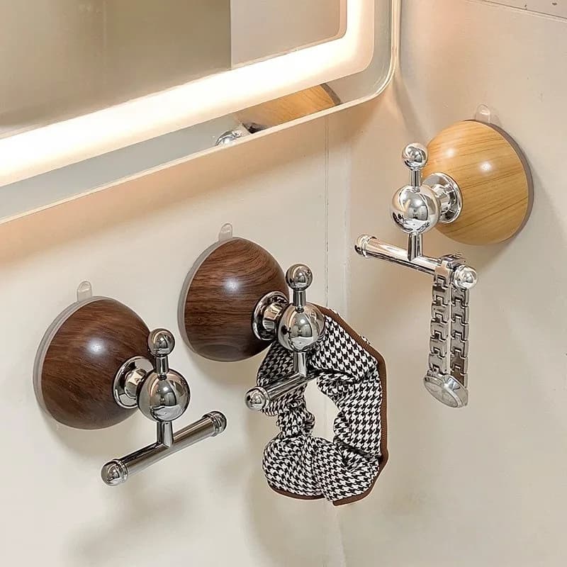 2 Pezzi Ganci a Ventosa Adesivi Forti Effetto Legno, Senza Foratura, per Appendere Cappotti, Ideali per Bagno, Ingresso, Toilette, Doccia