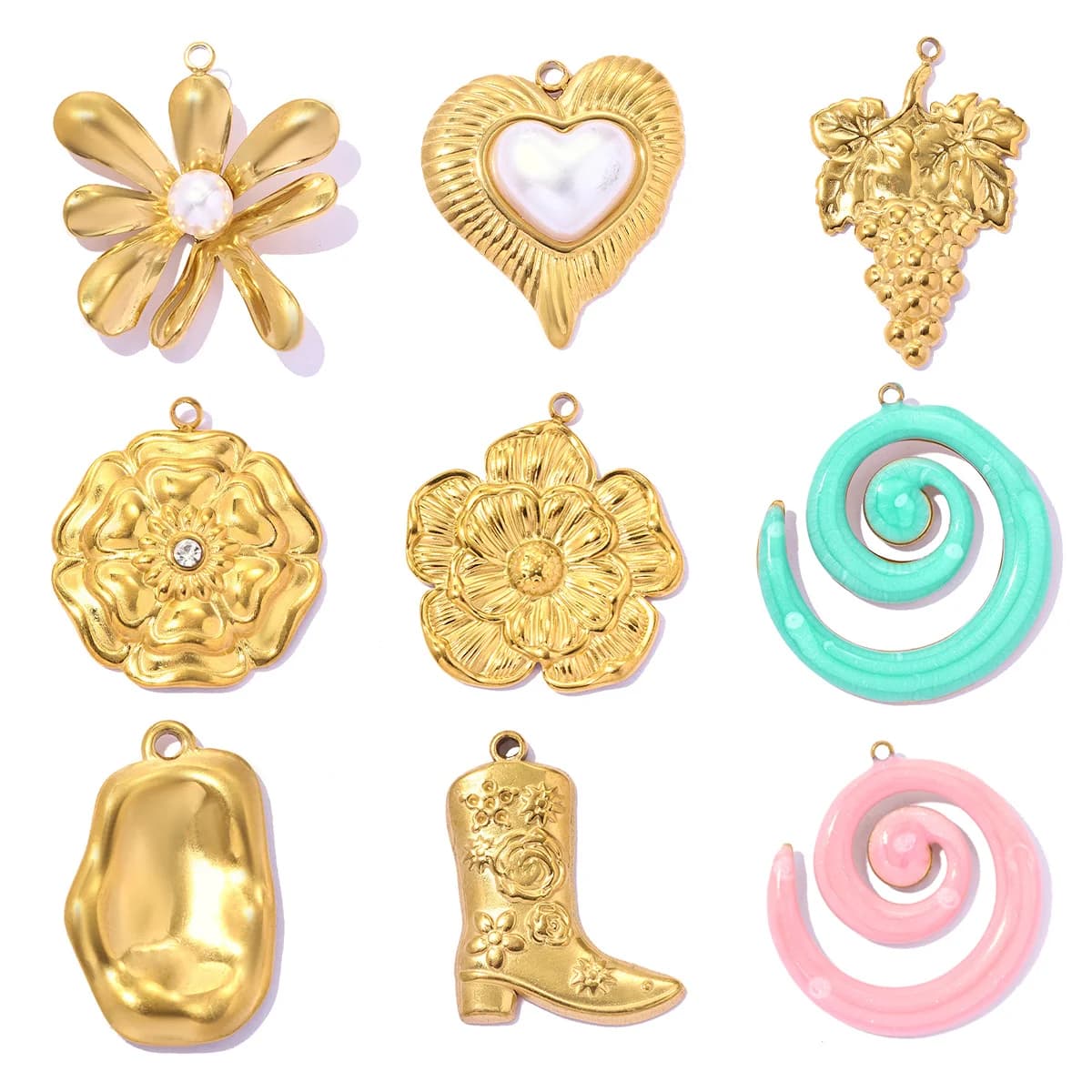 5 pz/lotto Ciondoli fai da te in acciaio inossidabile smaltato a spirale con uva, perle e fiori, per collane e stivali, gioielli da donna a forma di cuore, all'ingrosso